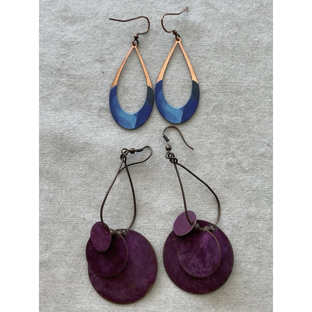 Lot Of 2 Pairs Vintage Copper Tone Dangle Drop Earrings Blue & Purple Finish